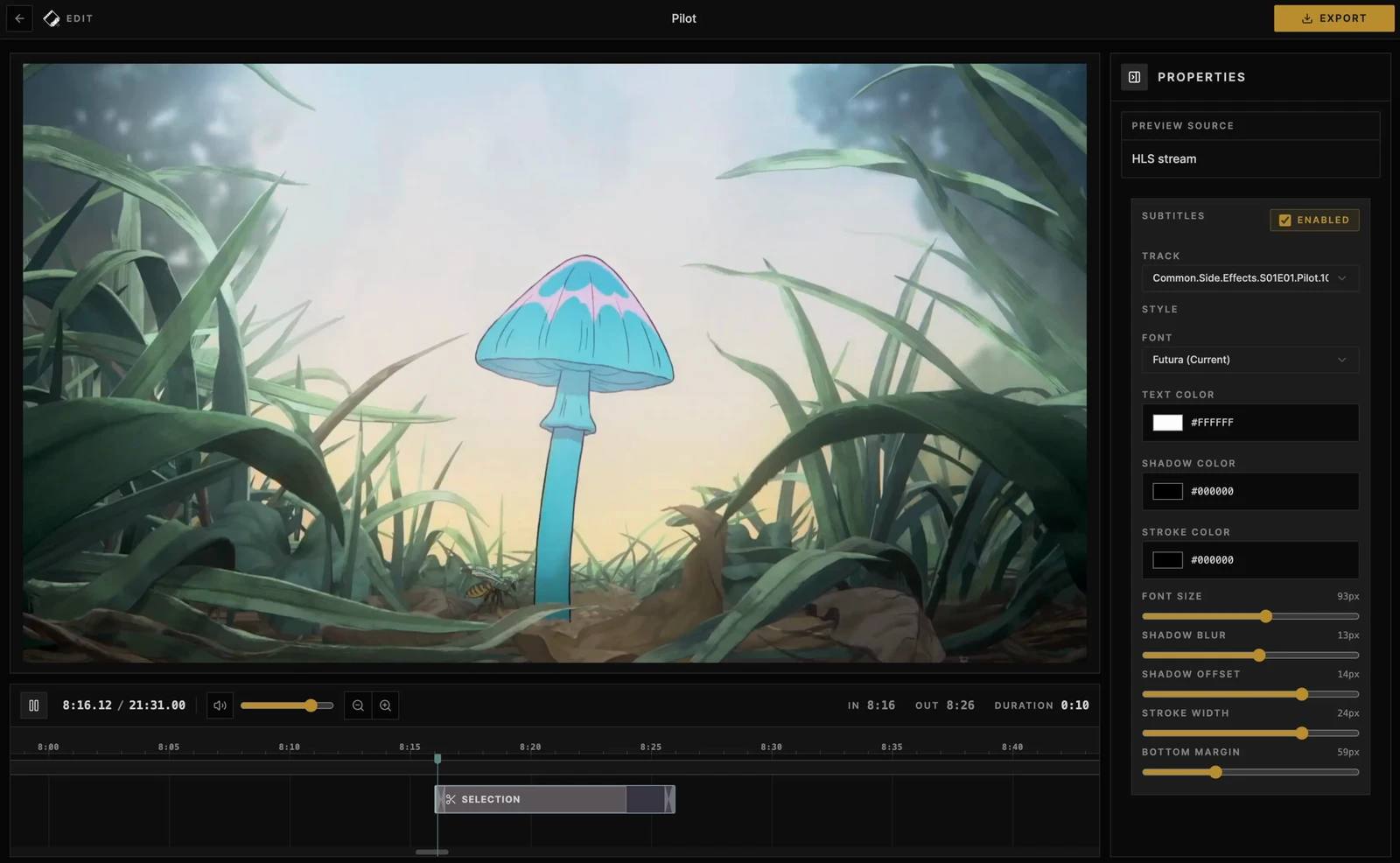 Cliparr editor showing a video preview, playback controls, and timeline clip selection.